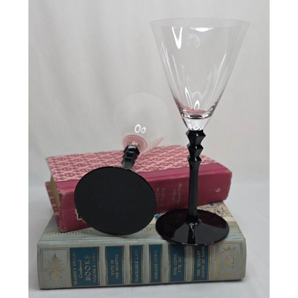 Vintage Sasaki Black Tie Crystal Martini Glasses | Pair | Black Geometric Stem - Picture 4 of 11
